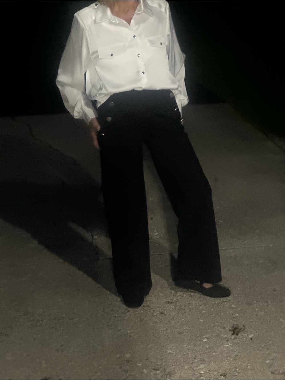 : Black high-wa isted nautical wide-leg pants with gold buttons, size medium.